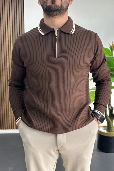 Edwox Men's Collar Detailed Zippered Sweater Brown Edw526