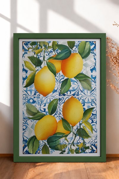 HOMEPACK Green Leafed Lemons on Tile Floor Framed Painting Italy Poster Livin...