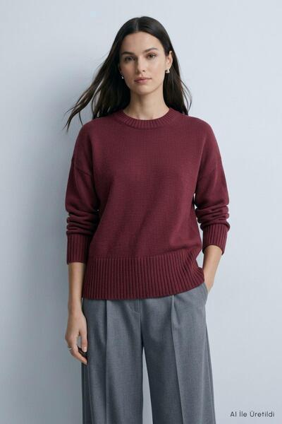 Rays Pulover tricotat oversize cu guler rotund 2521 Roșu Claret