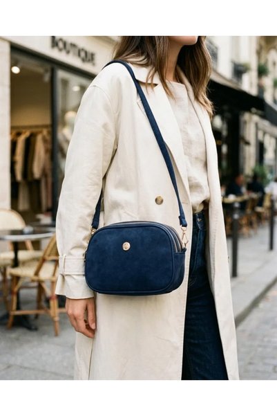 Eldenör Women's Navy Blue Nubuck Shoulder Bag with 3 Compartments and Gold Ac...