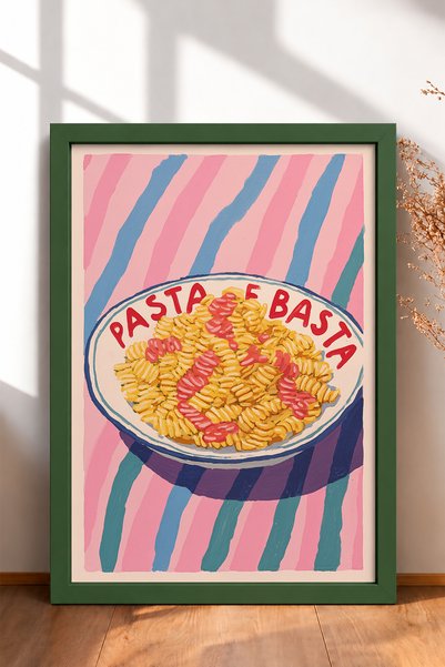 HOMEPACK Pasta E Basta Written Twisted Pasta Framed Table Italy Poster Living...