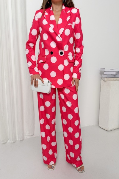 NEW JOURNAL Costum cu pantaloni și jachetă blazer roz cu buline din anii 80 p...