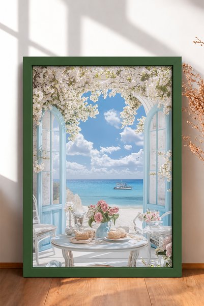 HOMEPACK White Flowered Doorway with Sea View Framed Painting Italy Poster Wa...