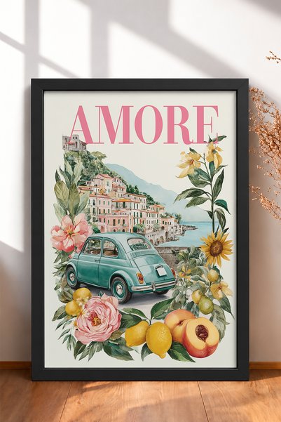 HOMEPACK Amore Written Mint Green Classic Car Framed Painting Italy Poster Wa...