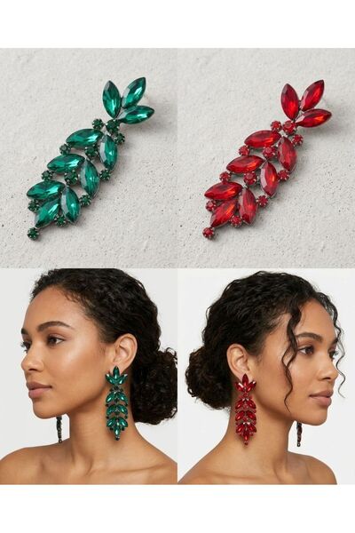 HOŞGÖR ACCESSORIES Zircon Stone Dangle Evening Dress Leaf Detailed Earrings