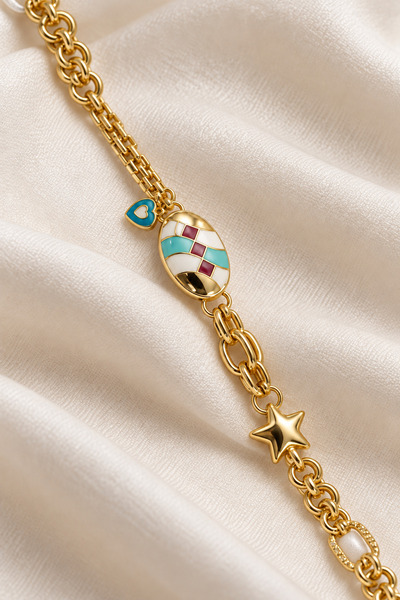 Silvano Jewelry 925 Ayar Gümüş Gold Renk Mineli ve Yıldız Detaylı Zincir Bileklik