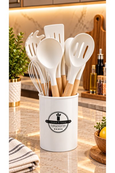 ABAREEK 11-Piece Heat-Resistant Silicone Kitchen Utensil Set with Stylish Woo...