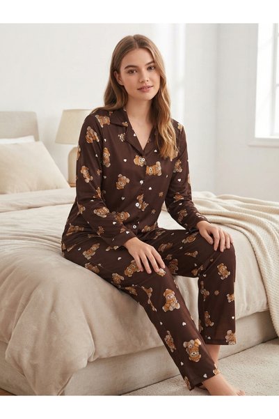 PIOVE Women's Teddy Bear Patterned Buttoned Shirt Collar Long Sleeve Pajama Set
