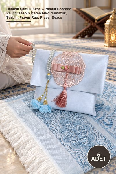 Yenilig 5 Lace-Trimmed Slubbed Pouches – Blue Prayer Mat with Cotton Prayer R...