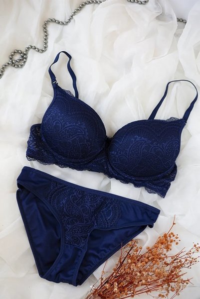 Lux Store Women's Navy Blue Padded Lace Bra and Panty Set –, Comfortable and ...