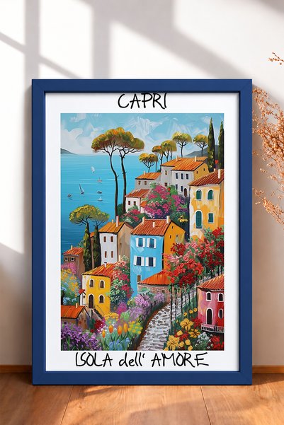 HOMEPACK Kapri, cvetni brdo i šarene kuće, uokvirena slika, italijanski poste...