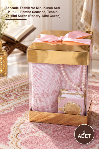 Yenilig 3-Piece Prayer Rug, Prayer Beads and Mini Quran Set – Boxed, Pink Pra...