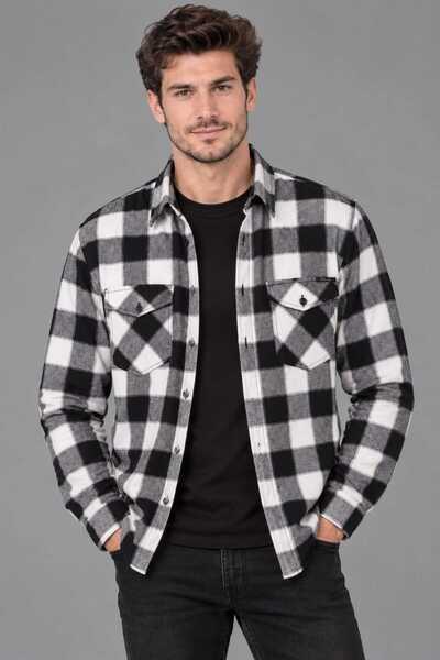 MY VİNTAGE Men's Checkered Double Pocket Lumberjack Shirt with Buttons