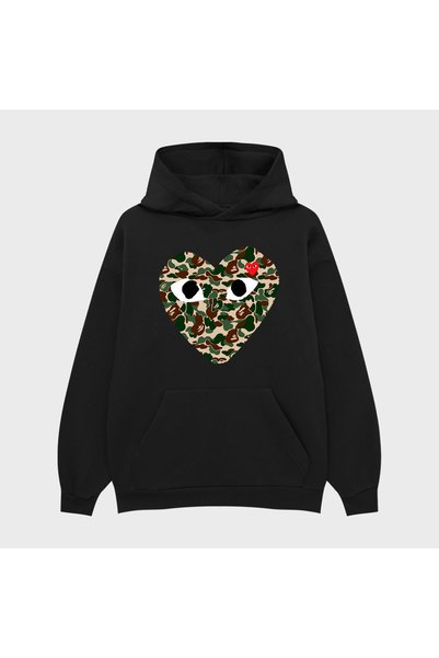 PURE EFFECT Unisex Comme Camuflaj Printed 3 Thread Threaded Hoodie Sweatshirt