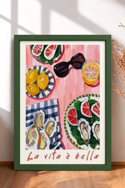 HOMEPACK La Vita È Bella Pink Table Oyster Framed Painting Italy Poster Wall ...
