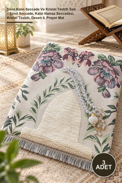 Yenilig 3-Piece Chenille Thick Prayer Rug and Crystal Prayer Beads Set – Chen...