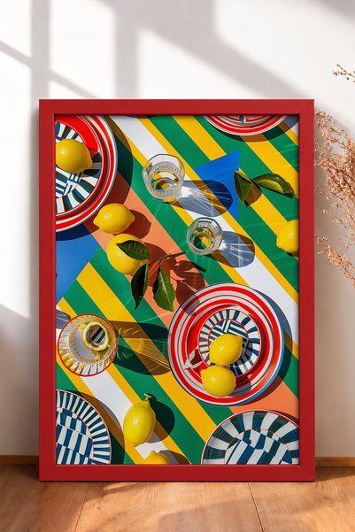 HOMEPACK Striped Table with Lemons and Plates Framed Painting Italy Poster Li...