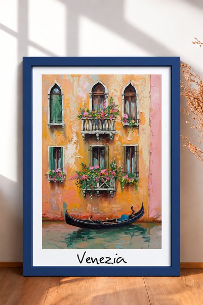 HOMEPACK Venecija sa cvetnim balkonom i gondolom, uokvirena slika, italijansk...