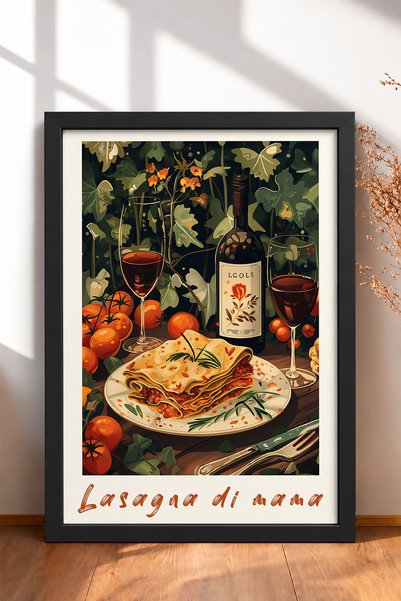 HOMEPACK Lasagna Di Mama Written Lazanya and Wine Framed Painting Italy Poste...