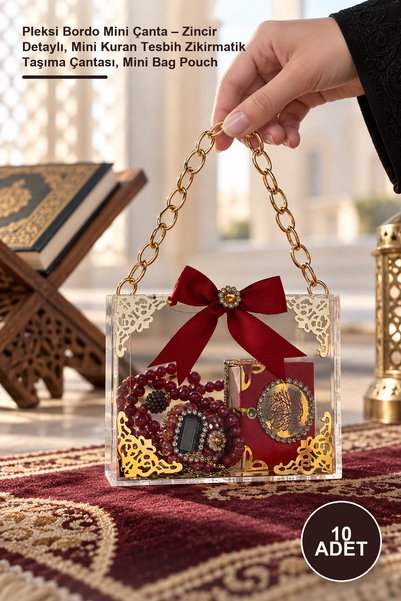 Yenilig 10 Pieces of Plexi Burgundy Mini Bags – with Chain Detail, Mini Quran...