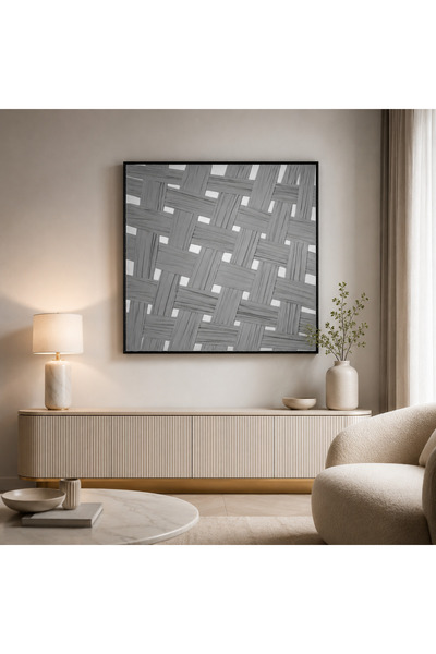 NO BRAND لوحة جدارية هندسية بتدرجات رمادية وإطار أسود – 80×80 سم | موفن هوم