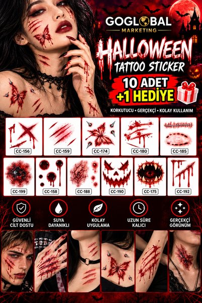 goglobal Cadılar Bayramı Geçici Dövme Sticker Seti 10 Adet + 1 Hediye | Hallo...