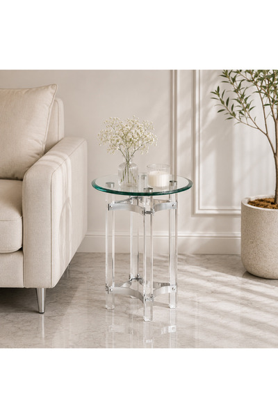 NO BRAND Transparent Acrylic Service Table with Glass Surface and Silver Deta...