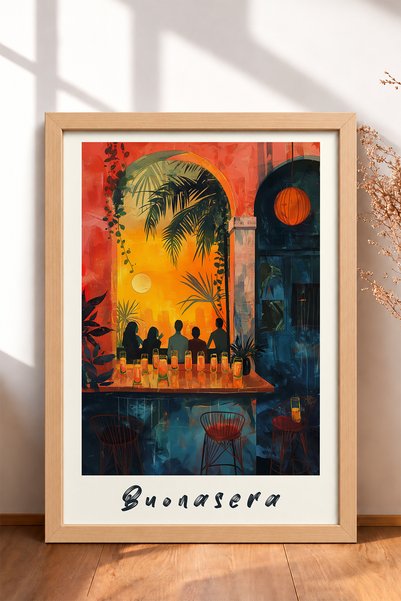 HOMEPACK Buonasera Written Sunset Bar Framed Painting Italy Poster Living Roo...