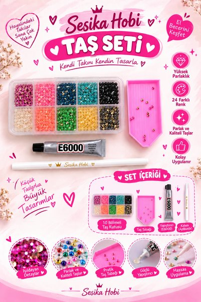 SESİKA HOBİ BEDAZZLE 10 Renkli Yapıştırma Taş Full Set Mumlu Kalem Yapıştırıcı Taş Tabağı (SS16 3. 5 Mm) Bedazzle Hobi Set