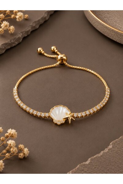 serelya Gold Color Sea Shell Model Zircon Stone Women's Bracelet with Elevato...