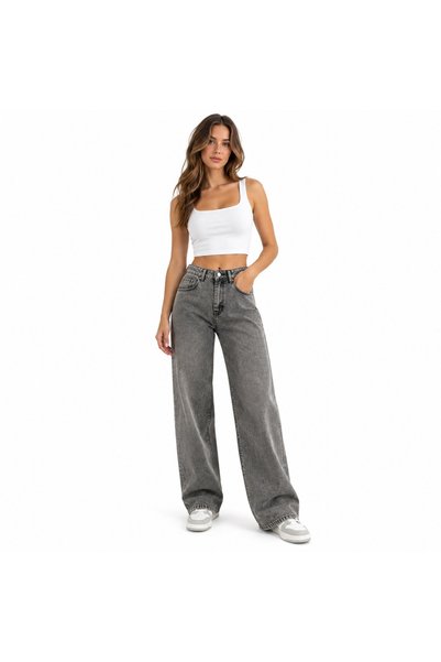 varioshop ®   Blugi largi de damă, talie înaltă, 100% bumbac, gri spălăcit, b...