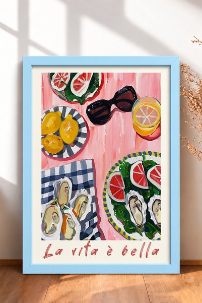 HOMEPACK La Vita È Bella Pink Table Oyster Framed Painting Italy Poster Wall ...