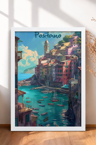 HOMEPACK Colorful Boats in Positano Harbor Framed Painting Italy Poster Livin...