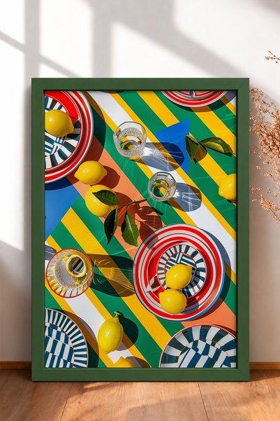 HOMEPACK Striped Table with Lemons and Plates Framed Painting Italy Poster Li...