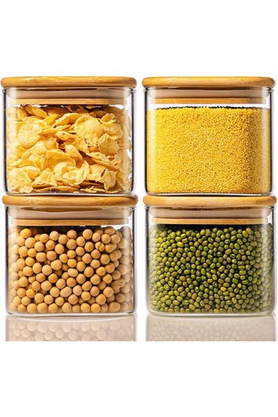 KASTWAVE 4 Pack Square Glass Storage Jars with Bamboo Lids - Airtight Glass F...
