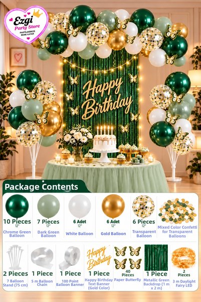 Ezgi Party Store Fairy Led Butterfly Chrome Green Gold Birthday Concept Birth...