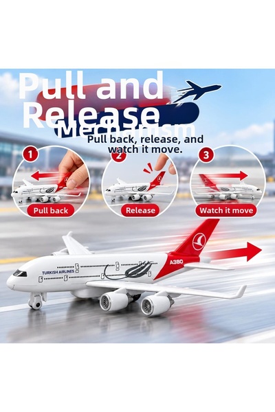 VARDEM OYUNCAK Thy 1:270 Pull and Release Metal Red Passenger Airplane with L...