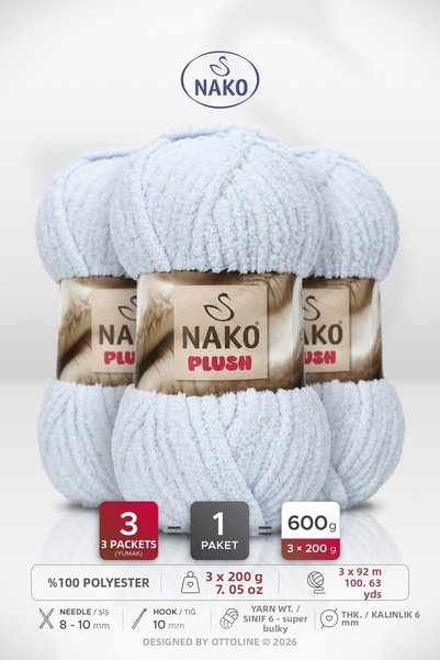 NAKO Plush • Baby Blue (14667) • 3-Pack × 200Gr/92M • Scarf, Beanie, Blanket,...