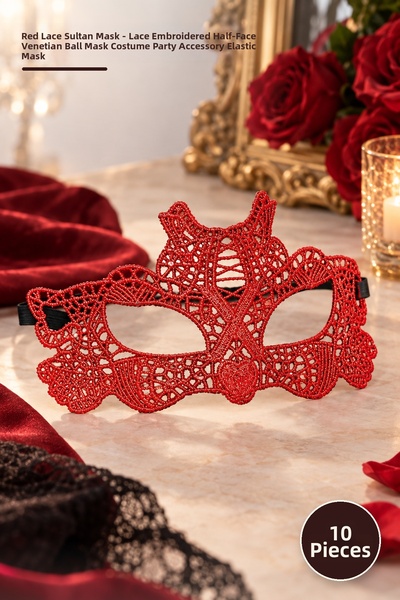 Yenilig 10 Pcs Red Lace Sultan Mask – Lace Embroidered Half Face Venetian Bal...
