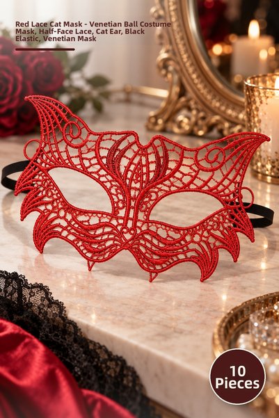 Yenilig 10 Pieces Red Lace Cat Mask – Venetian Ball Costume Mask, Lace Embroi...