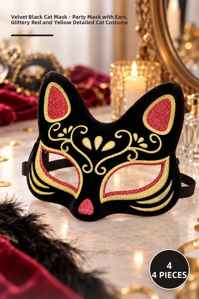 Yenilig 4 Pieces Velvet Textured Black Cat Mask – Party Mask with Cat Ears, G...