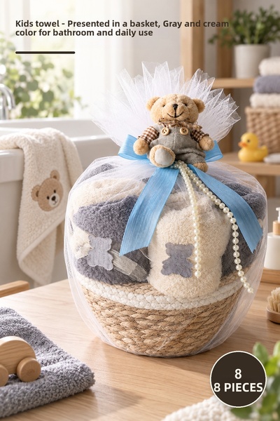Yenilig 8 Pieces of Children's Towels – Presented in a Basket, Gray and Cream...