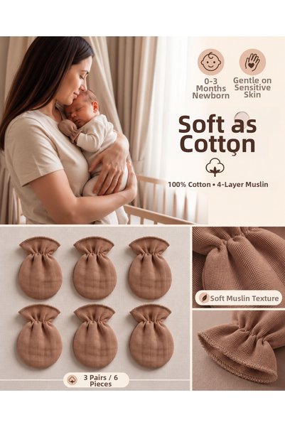 ZEYPBA 4 Layer Muslin Newborn Baby Gloves Milk Brown 3 Pairs 6 Pieces Ecru Co...