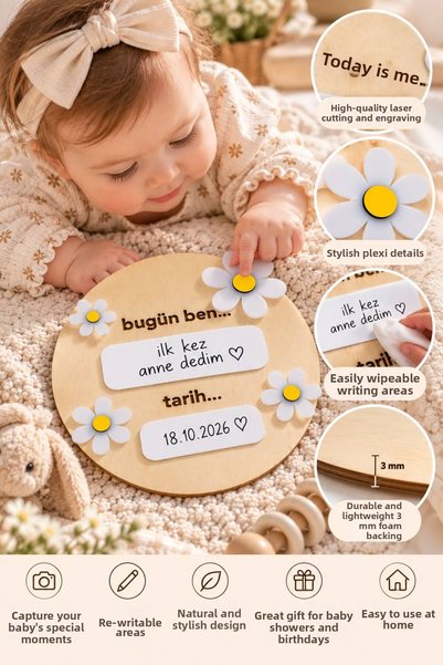 SOLIS DESIGN Baby First Memories Board 18X18 cm |   Papatyalı Wooden and Plexiglass Writable Photo Shooting Disc