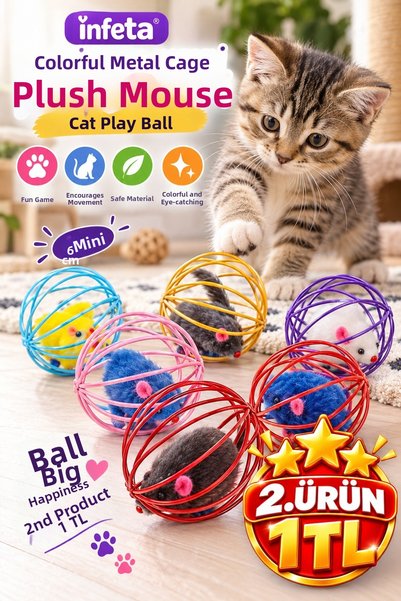 İnfeta 6 cm Metal Caged Plush Mouse Cat Dog Play Ball Colorful Pet Toy