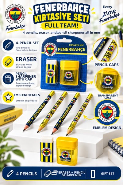Fenerbahçe Licensed 4-Piece Patterned Pencil Set and Eraser Sharpener Set Non...