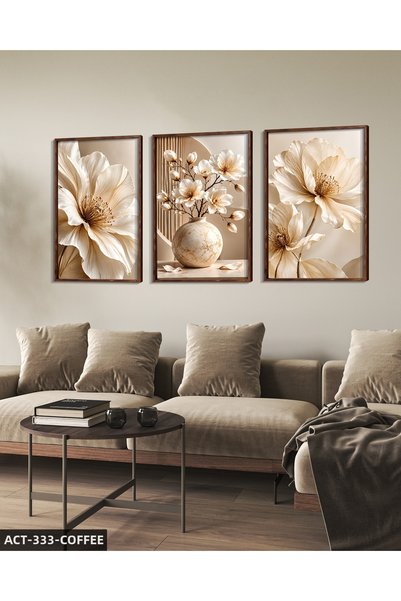 Evinemoda White Elegant Flowers 3 Piece Wooden Framed Painting Act