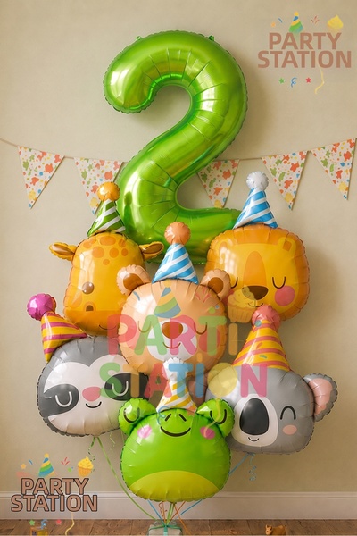 Parti Station Safari Animals Concept 1 Year Old Green Balloon Set 7 Piece Ani...