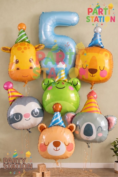 Parti Station Safari Animals Concept 1 Year Old Blue Balloon Set 7 Piece Anim...