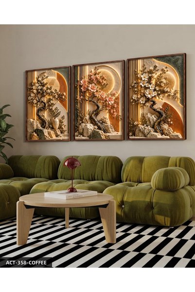 Evinemoda Textured Appearance Spring Branches 3 Piece Wooden Framed Painting Act